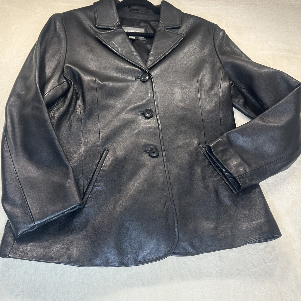 Wilsons Leather Womens Black Genuine Leather 3 Button Blazer Jacket Large